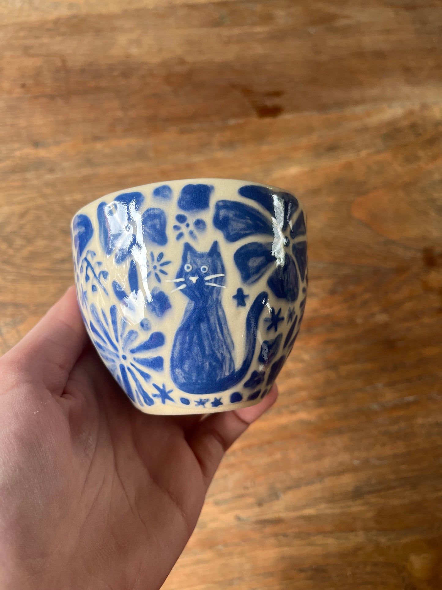 Kattenkopje blauw met bloemen #1
